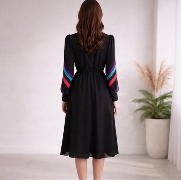 Benee | Vintage Black Semi-Sheer Midi Dress | Red & Turquoise Accent Collar - Picture 3 of 12